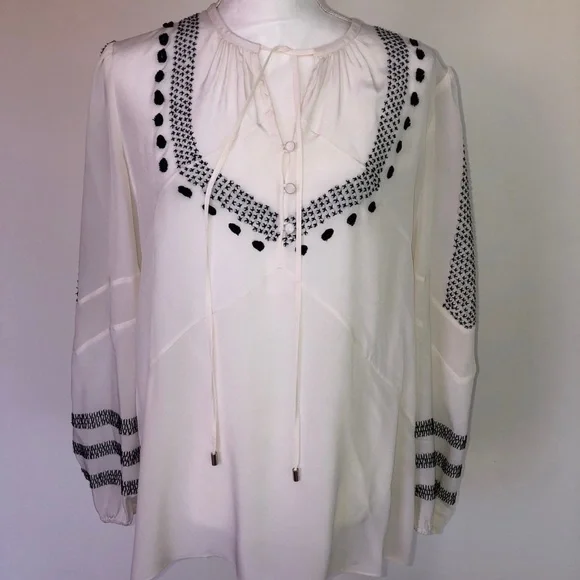 Altuzarra Peasant Blouse Size 4 Tie Embroidered Silk Made In Italy White Black - Picture 4 of 14